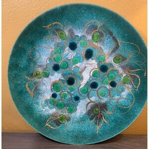 Vintage Sascha Brastoff Enamel On Copper Grape Plate 11.75" Green Gold Trim